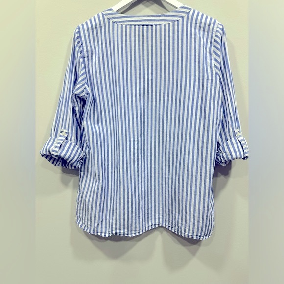 Talbots Striped Front Tie Roll Tab Sleeves Top Blouse Pullover Medium Petite - Picture 8 of 9